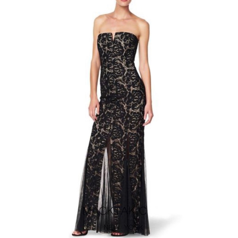 Aidan Mattox strapless lace illusion Godet sheath Dress. Color black size 4